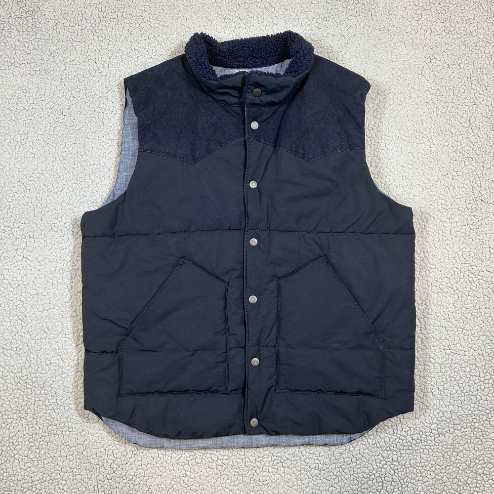 Gap 1969 Mens Dark Blue Quilted Denim Vest With Sherpa Lining & Pockets‎ Size XL